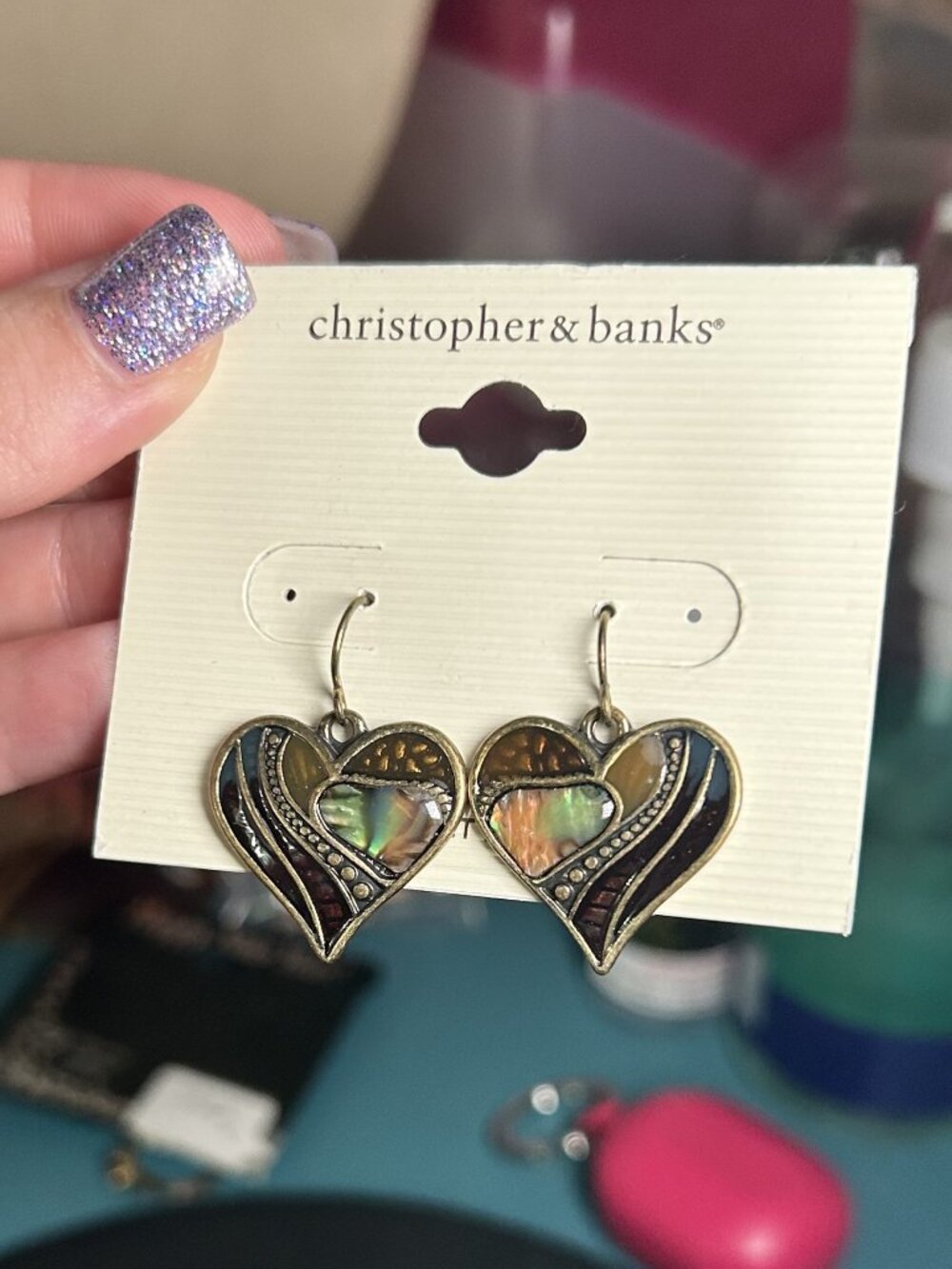 Christopher & Banks Iridescent Abalone & Enamel Heart Dangle Earrings - NWT